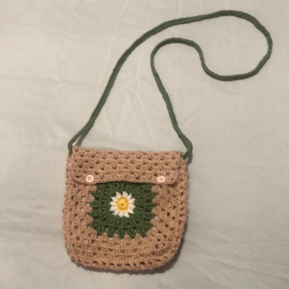 Rustic Green and Tan Crochet Crossbody Bag